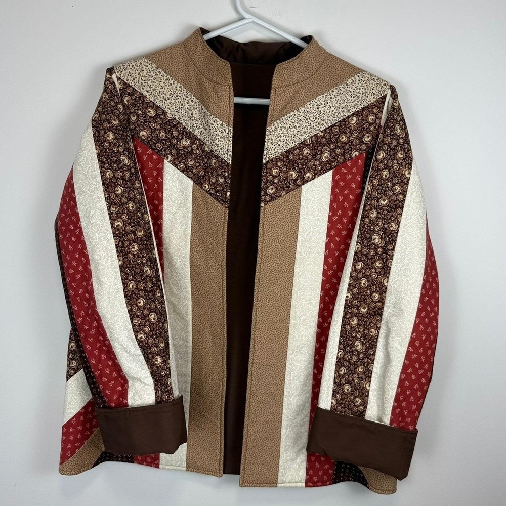 Handmade Quilted Patchwork Jacket Floral Red Brown Cottagecore Open Front Coat